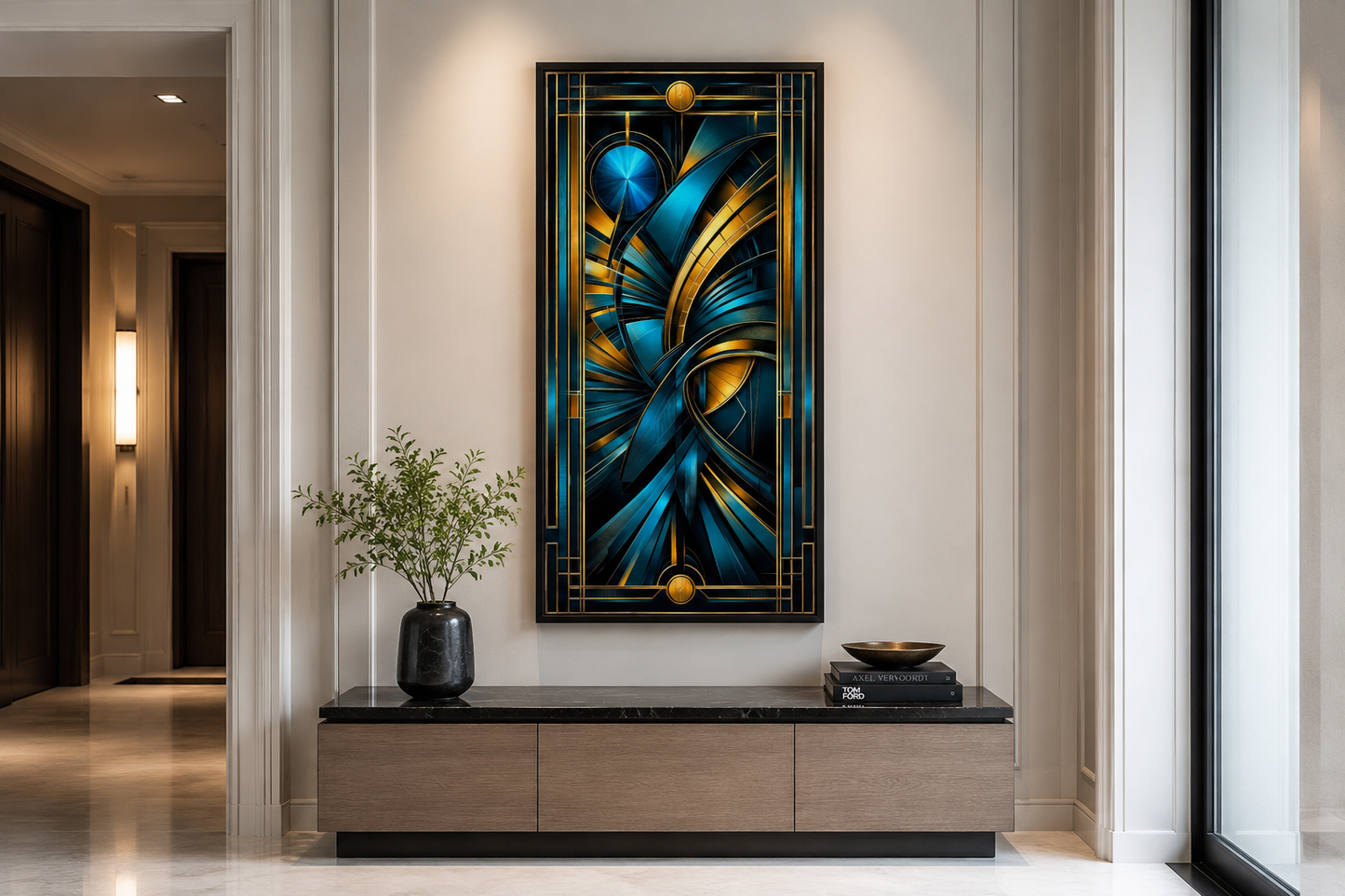 Navy Blue Gold Long Vertical Art Deco Framed Wall Art