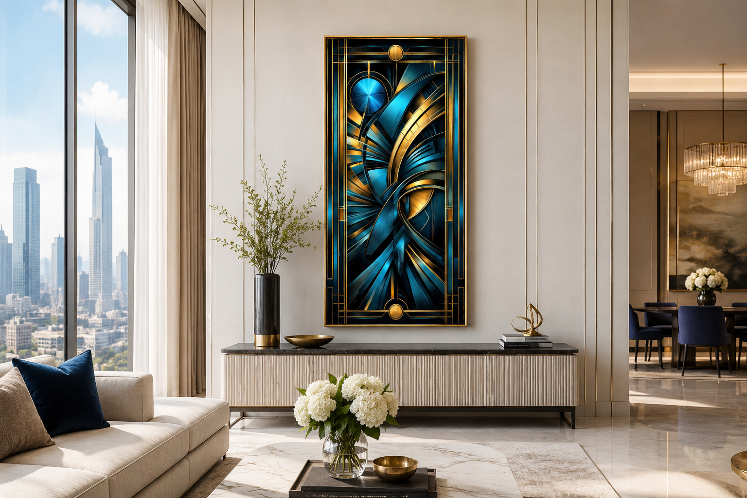 Navy Blue Gold Long Vertical Art Deco Framed Wall Art