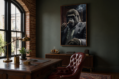 Gangster Gorilla In Suit Smoking Cigar Framed Canvas Wall Art For Mens Office