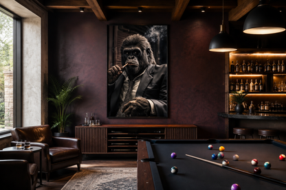Gangster Gorilla In Suit Smoking Cigar Framed Canvas Wall Art For Mens Office