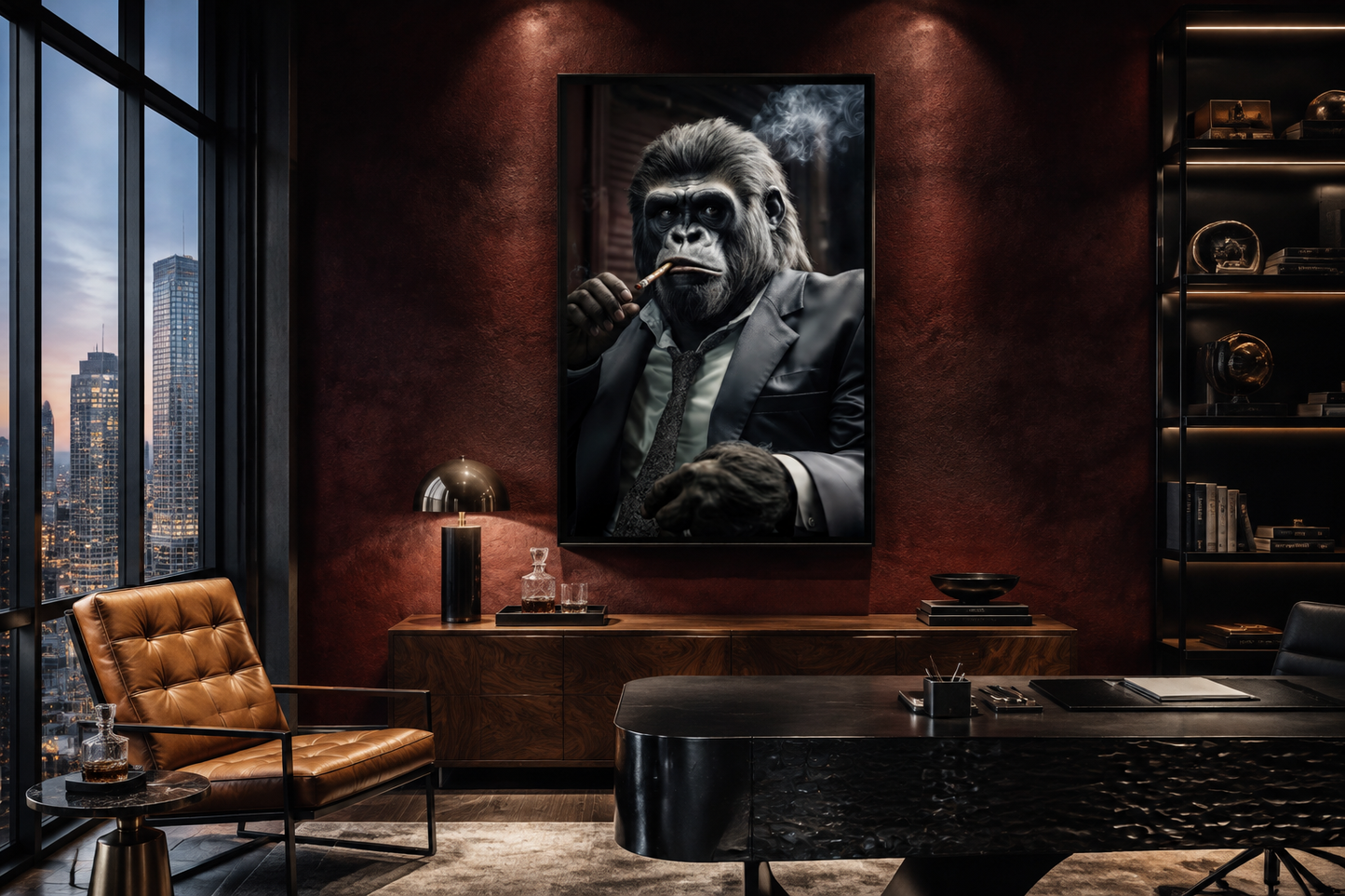 Gangster Gorilla In Suit Smoking Cigar Framed Canvas Wall Art For Mens Office