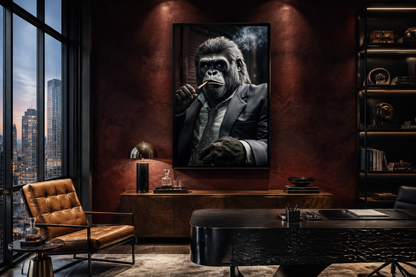 Gangster Gorilla In Suit Smoking Cigar Framed Canvas Wall Art For Mens Office