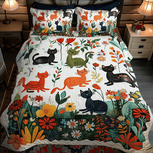 Artistic Cat-Themed 3-Piece Quilted Bedding Set - Single (59" x 70")