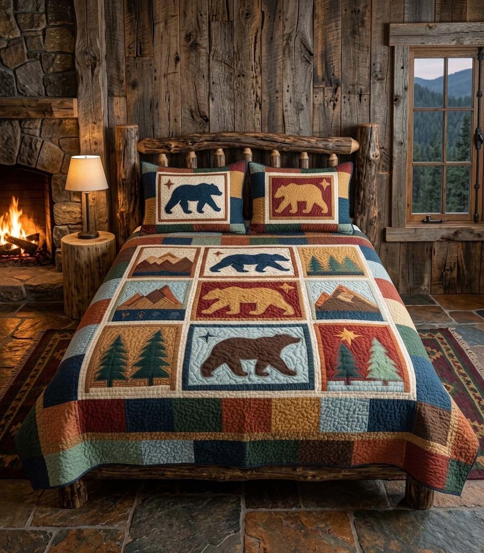 Artistic Bear Silhouette 3-Piece Quilted Bedding Set - Single (59" x 70")