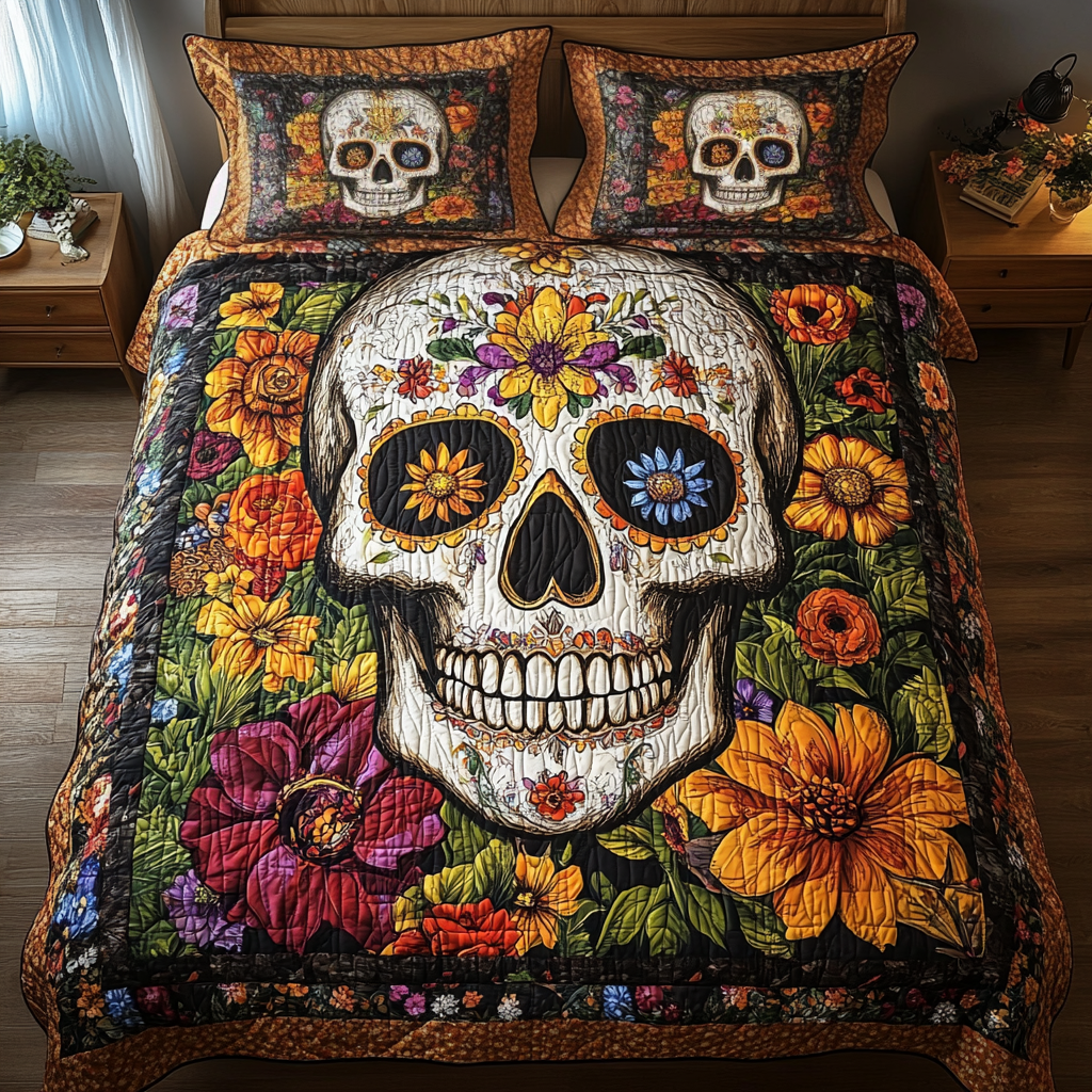 Artistic Skull 3-Piece Quilted Bedding Set - Single (59" x 70")
