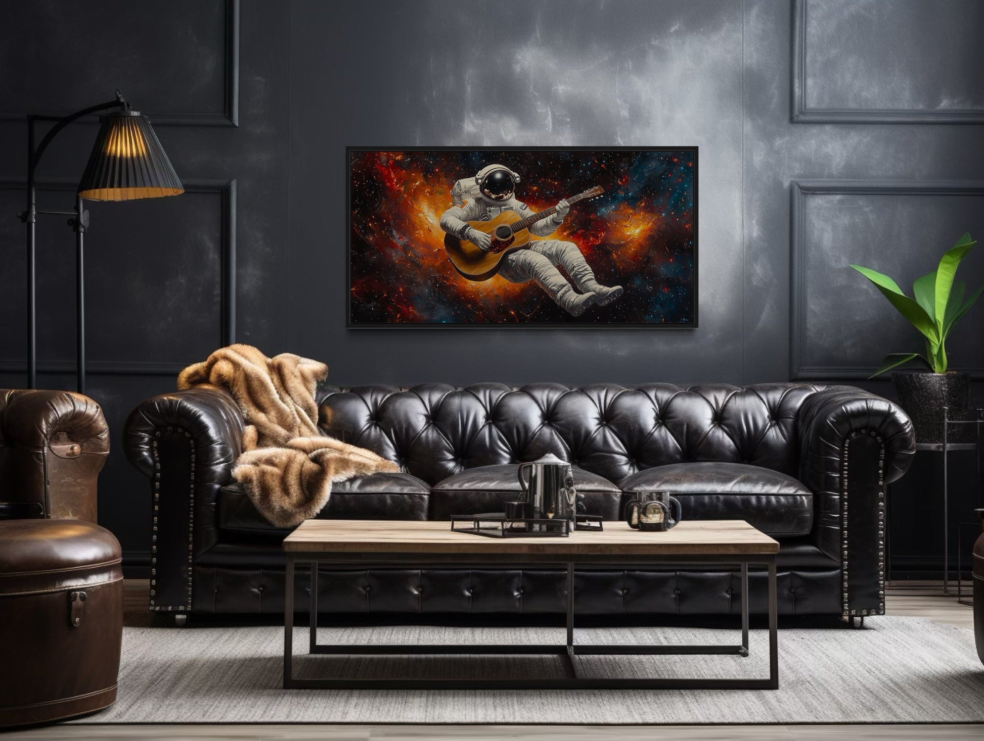 Astronaut Playing Guitar Framed Canvas Wall Art