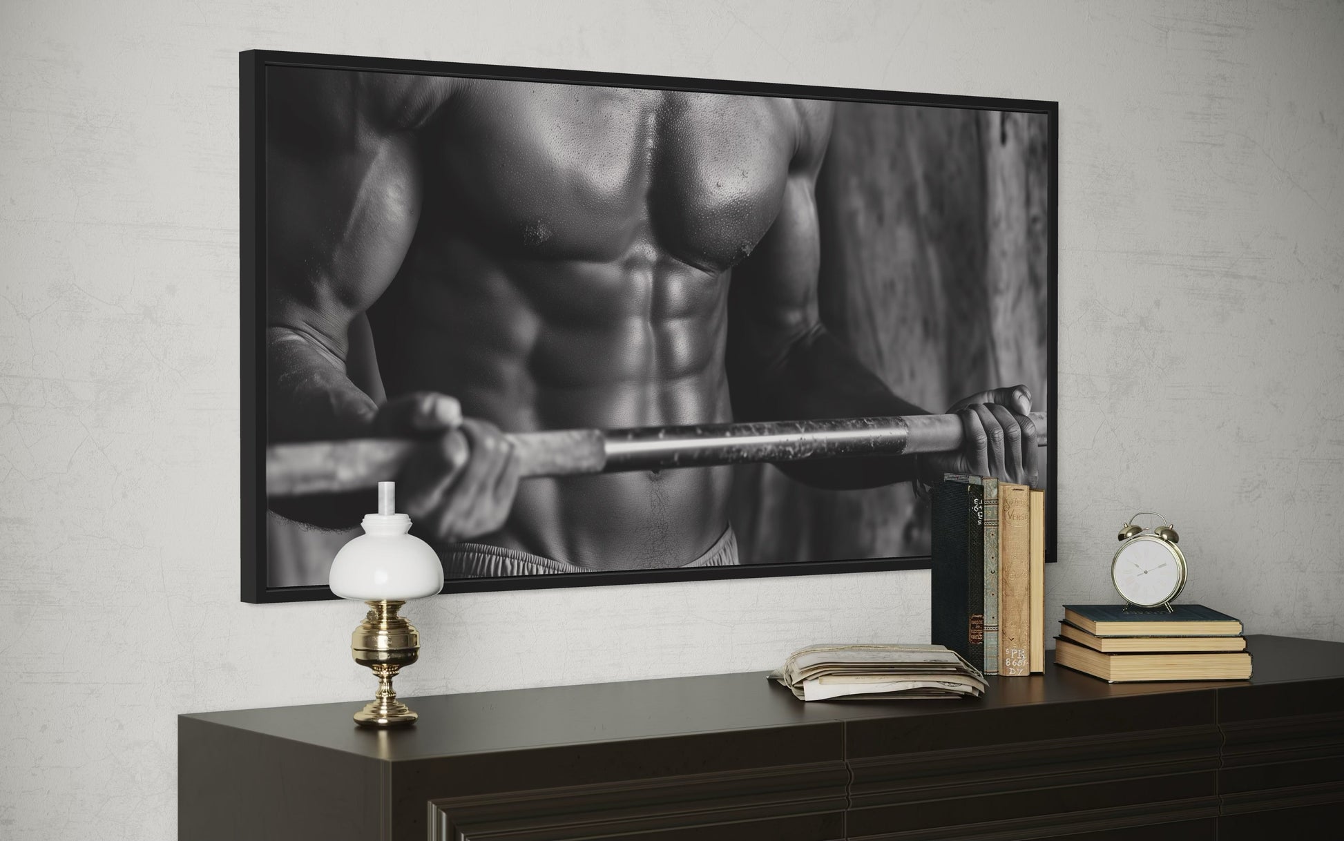 Athletic Man Lifting Barbell Motivational Home Gym Framed Canvas Wall Art