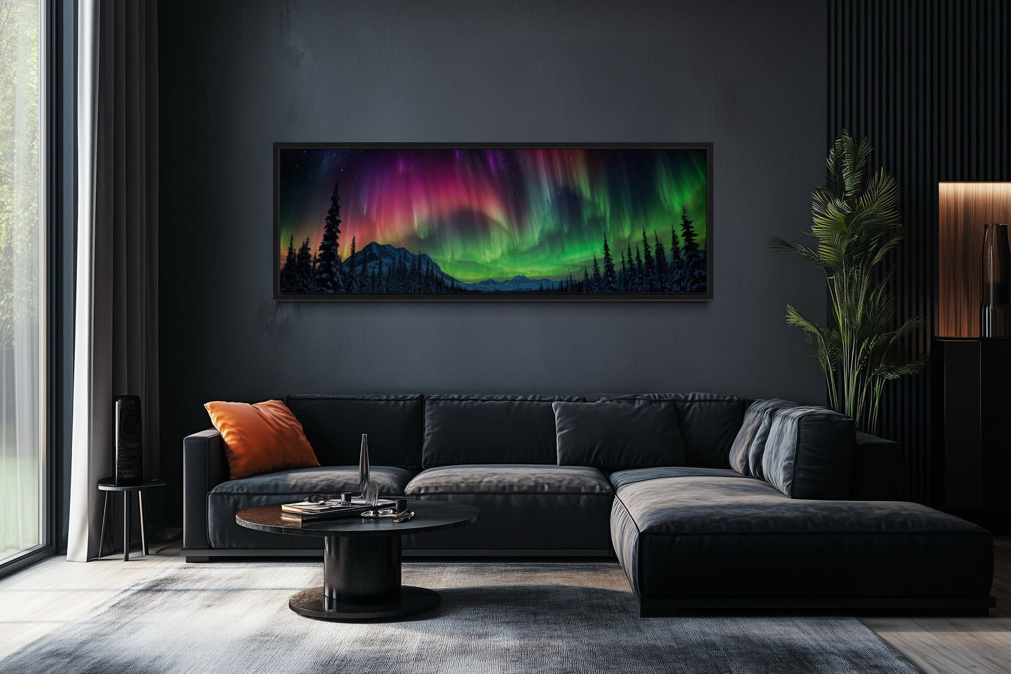 Aurora Borealis, Northern Lights Long Horizontal Framed Canvas Wall Art Above Mens Bed Decor