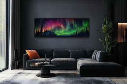 Aurora Borealis, Northern Lights Long Horizontal Framed Canvas Wall Art Above Mens Bed Decor