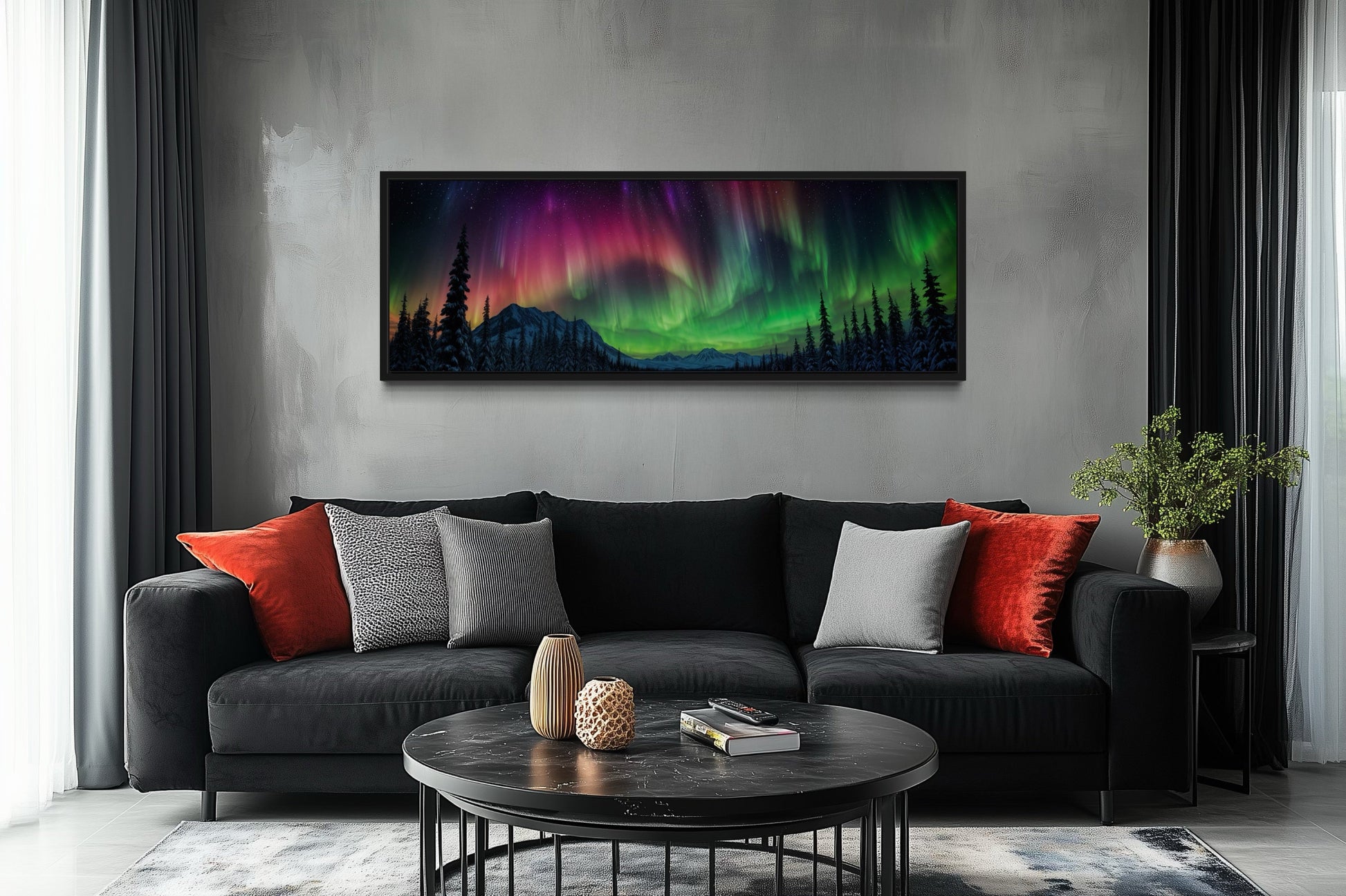 Aurora Borealis, Northern Lights Long Horizontal Framed Canvas Wall Art Above Mens Bed Decor