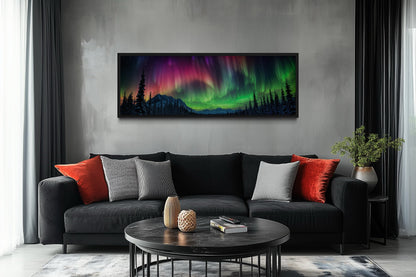 Aurora Borealis, Northern Lights Long Horizontal Framed Canvas Wall Art Above Mens Bed Decor