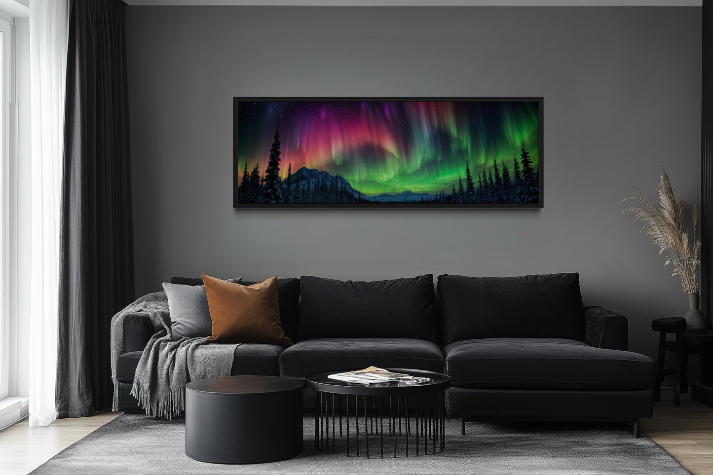 Aurora Borealis, Northern Lights Long Horizontal Framed Canvas Wall Art Above Mens Bed Decor