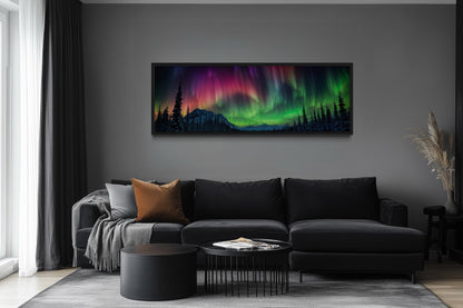 Aurora Borealis, Northern Lights Long Horizontal Framed Canvas Wall Art Above Mens Bed Decor