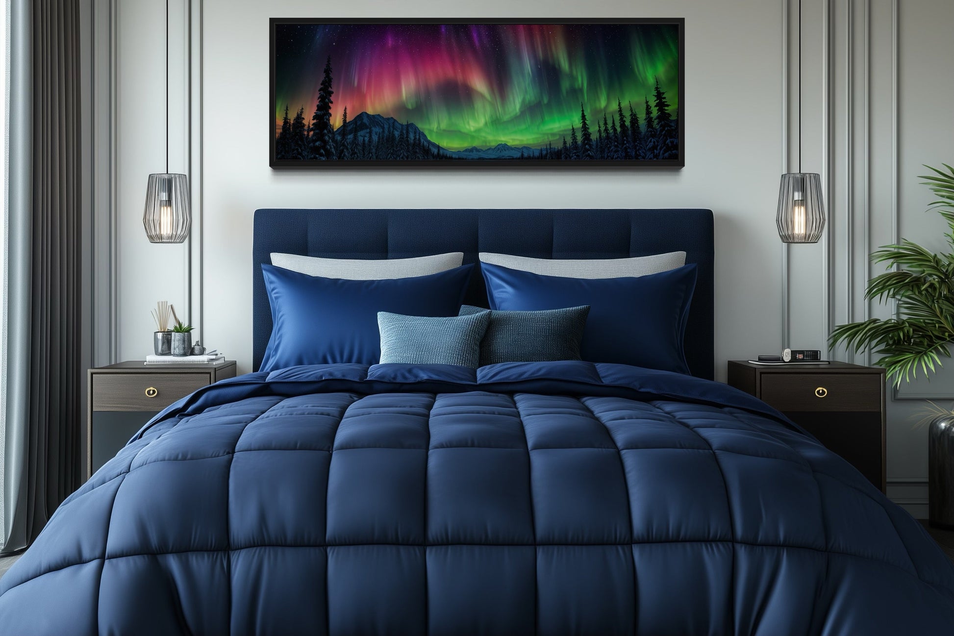 Aurora Borealis, Northern Lights Long Horizontal Framed Canvas Wall Art Above Mens Bed Decor