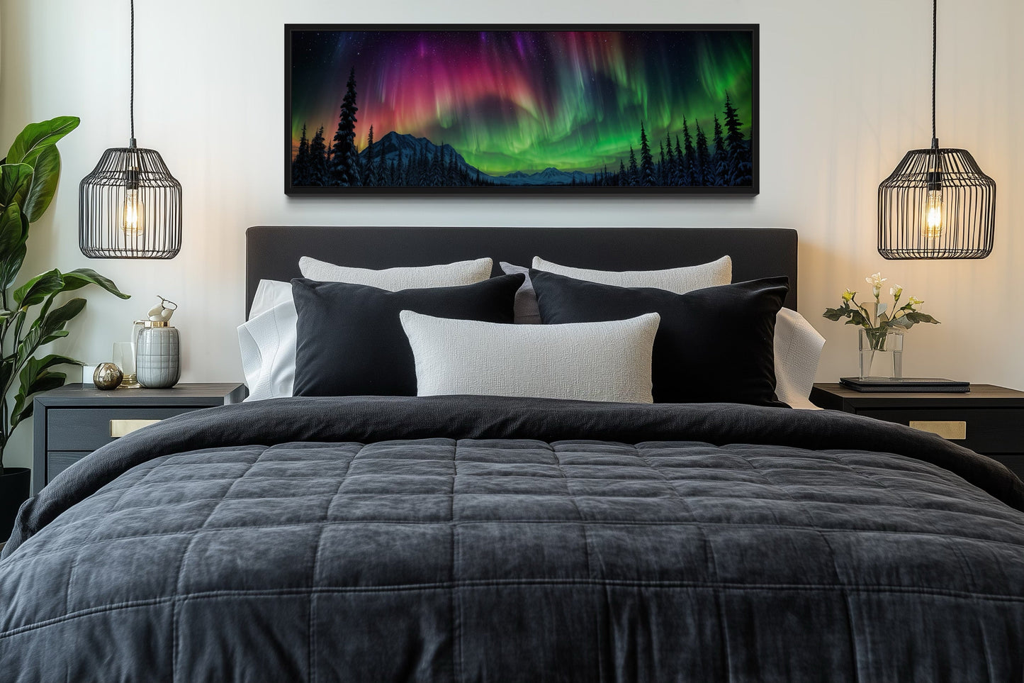 Aurora Borealis, Northern Lights Long Horizontal Framed Canvas Wall Art Above Mens Bed Decor