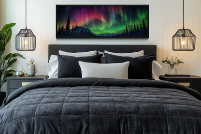Aurora Borealis, Northern Lights Long Horizontal Framed Canvas Wall Art Above Mens Bed Decor