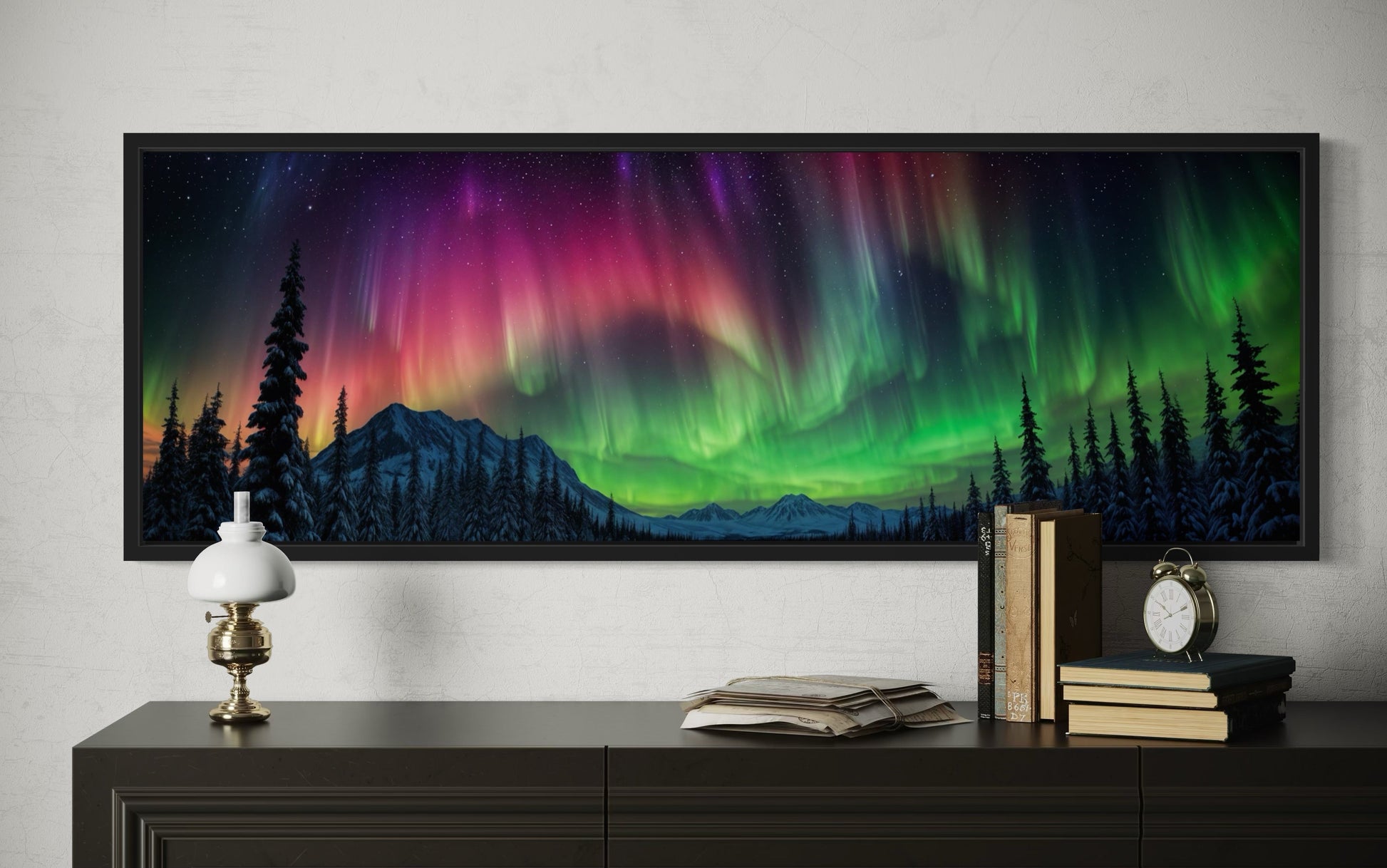 Aurora Borealis, Northern Lights Long Horizontal Framed Canvas Wall Art Above Mens Bed Decor