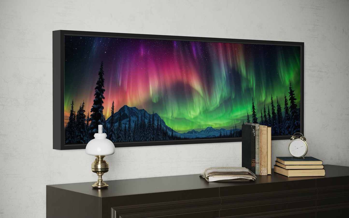Aurora Borealis, Northern Lights Long Horizontal Framed Canvas Wall Art Above Mens Bed Decor