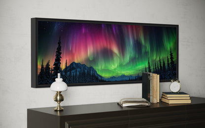 Aurora Borealis, Northern Lights Long Horizontal Framed Canvas Wall Art Above Mens Bed Decor