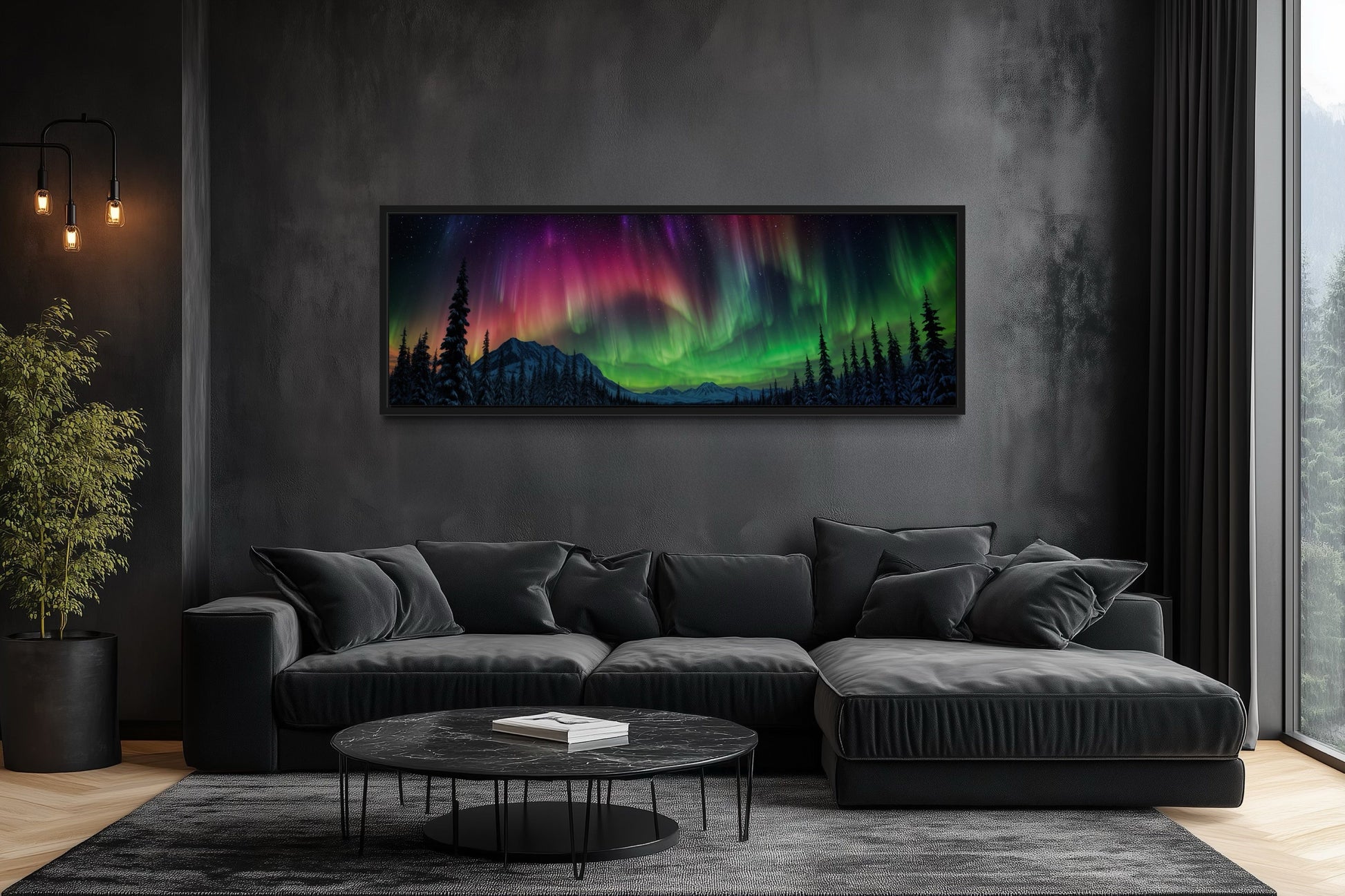 Aurora Borealis, Northern Lights Long Horizontal Framed Canvas Wall Art Above Mens Bed Decor