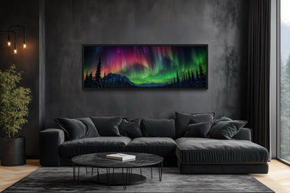 Aurora Borealis, Northern Lights Long Horizontal Framed Canvas Wall Art Above Mens Bed Decor
