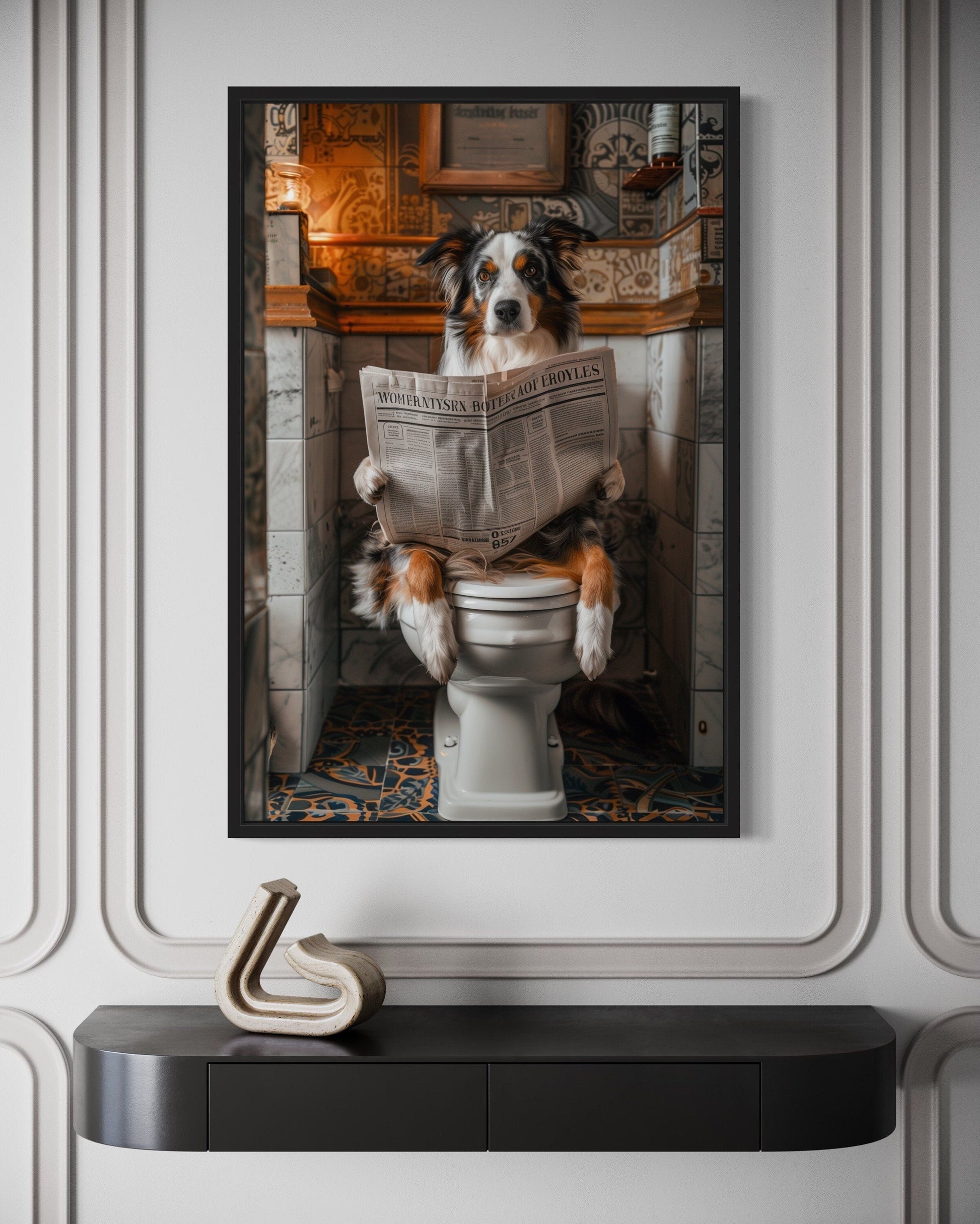 Australian Shepherd Dog On The Toilet Reading Newspaper Picture Canvas Wall Art