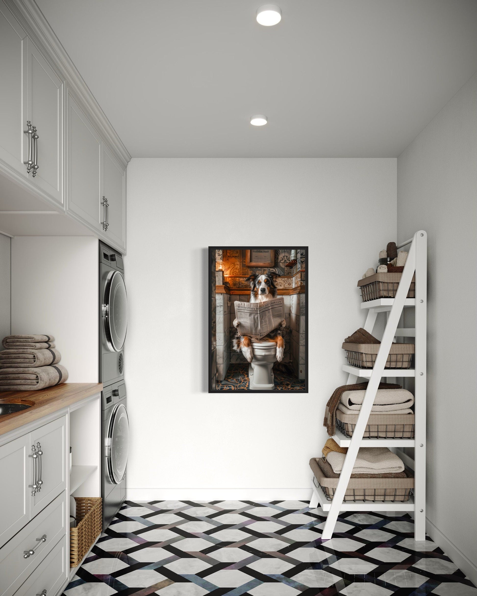 Australian Shepherd Dog On The Toilet Reading Newspaper Picture Canvas Wall Art