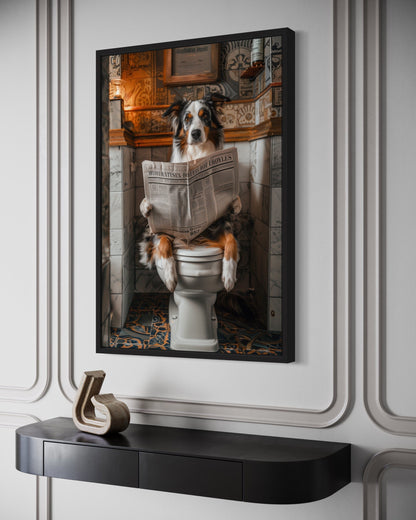 Australian Shepherd Dog On The Toilet Reading Newspaper Picture Canvas Wall Art