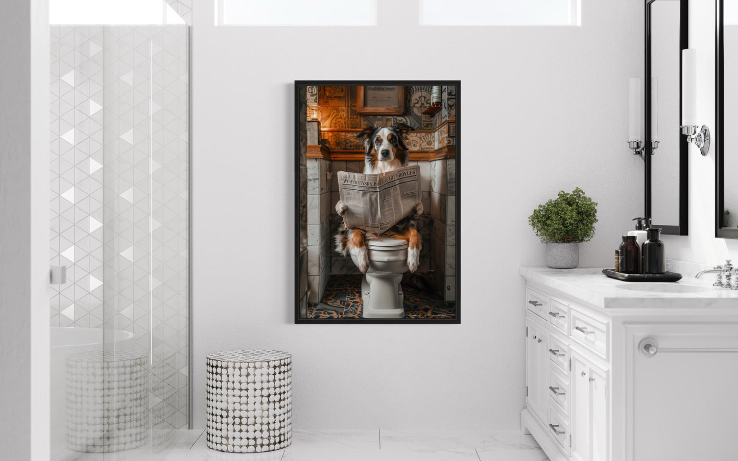 Australian Shepherd Dog On The Toilet Reading Newspaper Picture Canvas Wall Art