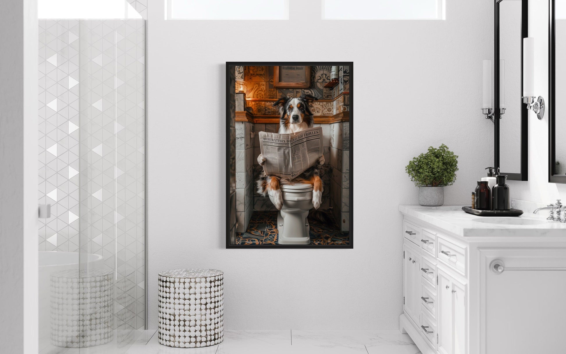 Australian Shepherd Dog On The Toilet Reading Newspaper Picture Canvas Wall Art