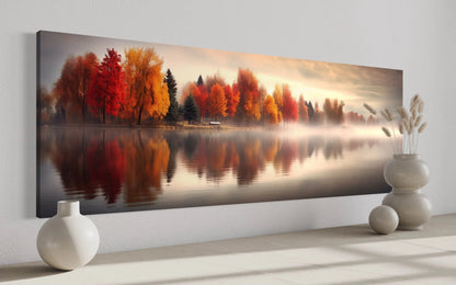 Autumn Forest Lake Reflection Long Horizontal Canvas Wall Art