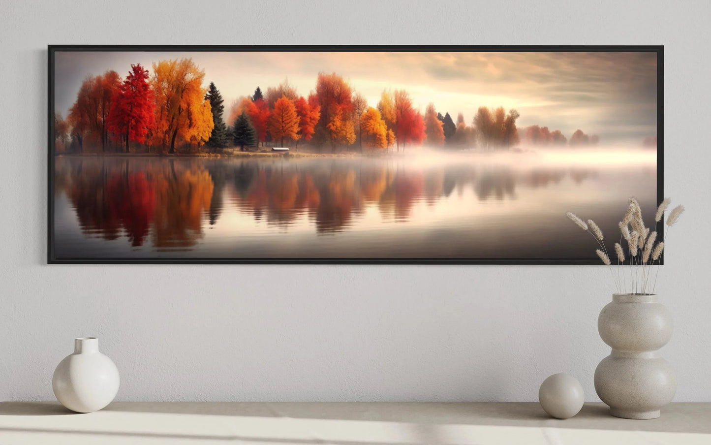 Autumn Forest Lake Reflection Long Horizontal Canvas Wall Art