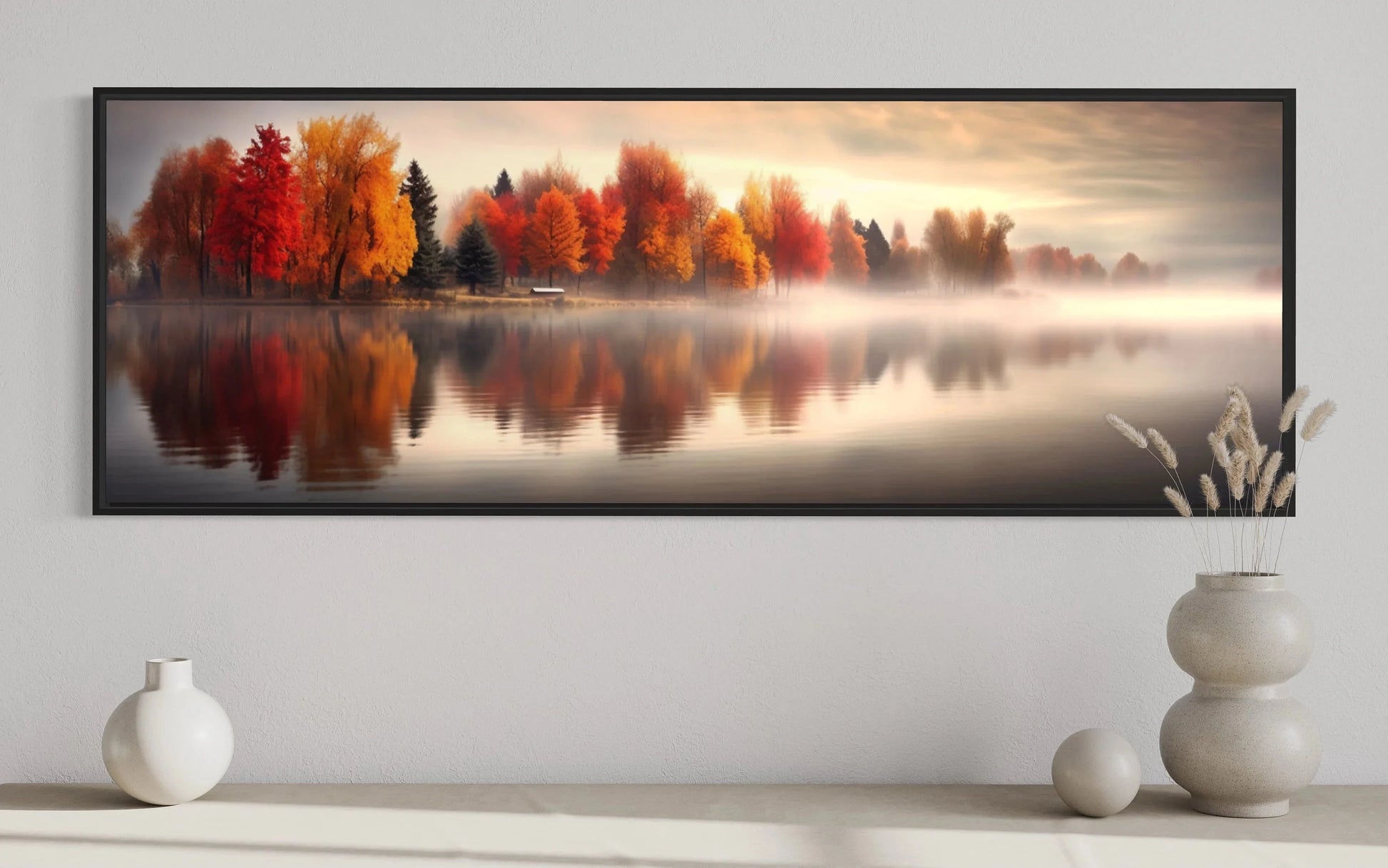 Autumn Forest Lake Reflection Long Horizontal Canvas Wall Art