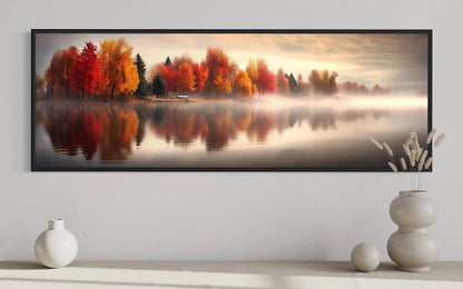 Autumn Forest Lake Reflection Long Horizontal Canvas Wall Art