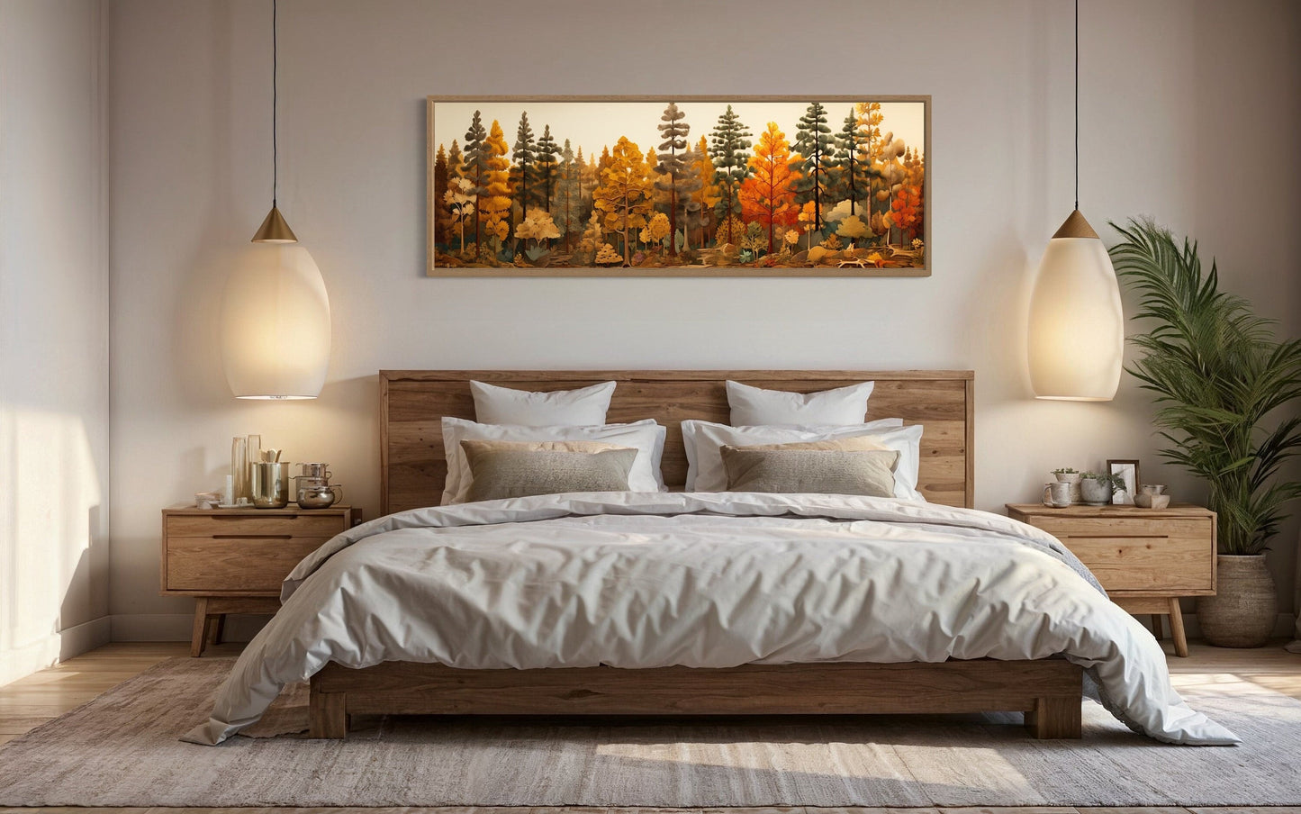 Autumn Forest Painting On Wood Long Horizontal Wall Art For Cabin Above Bed Decor
