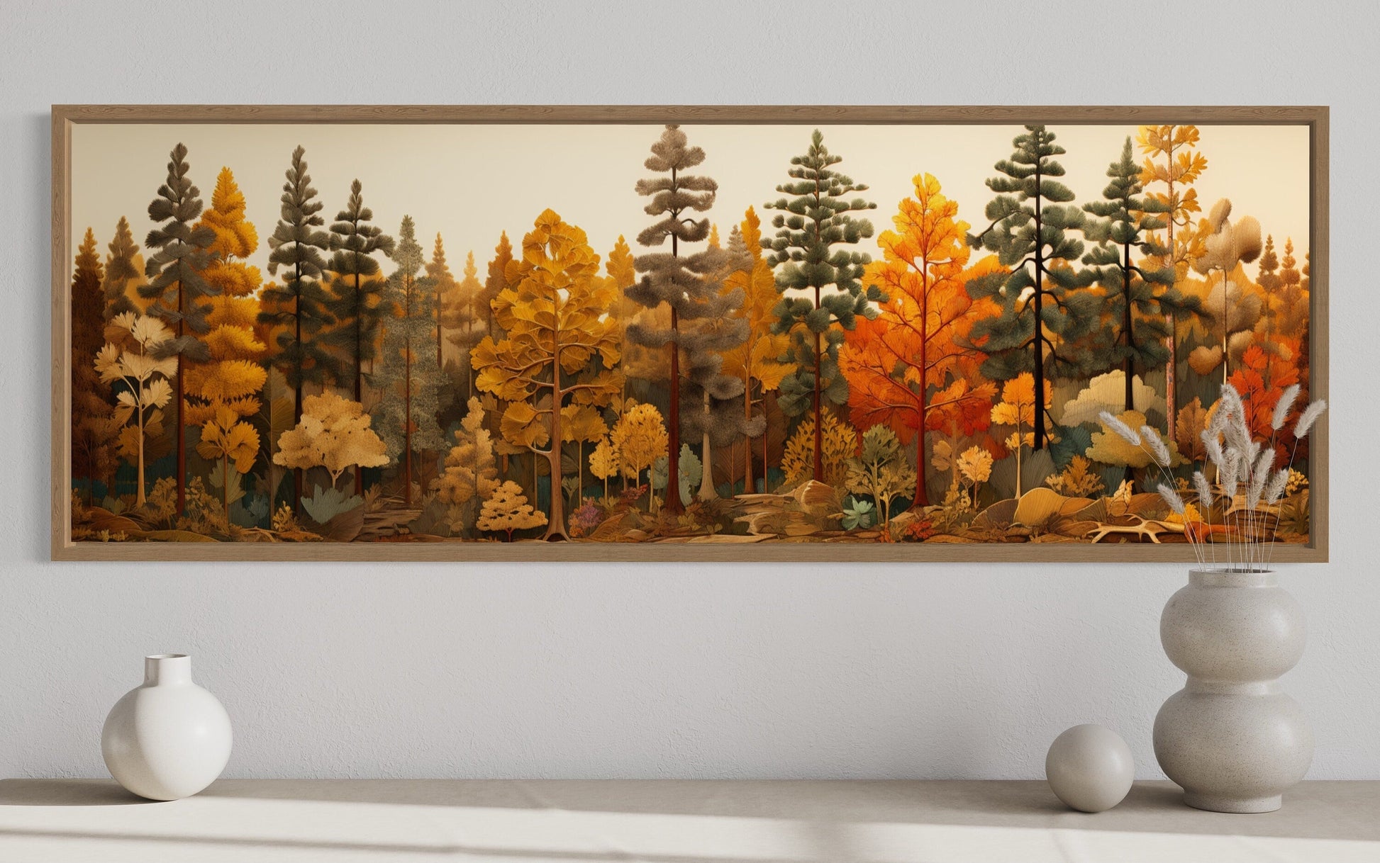 Autumn Forest Painting On Wood Long Horizontal Wall Art For Cabin Above Bed Decor