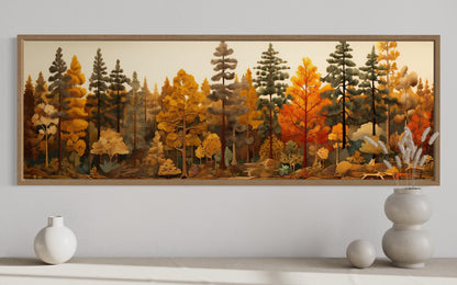 Autumn Forest Painting On Wood Long Horizontal Wall Art For Cabin Above Bed Decor