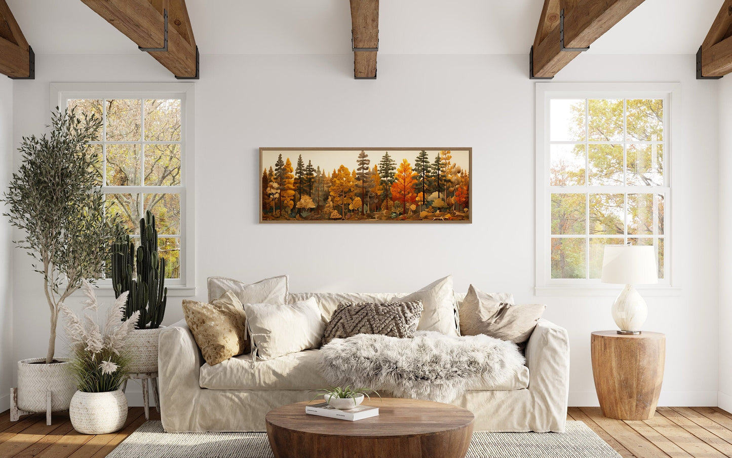 Autumn Forest Painting On Wood Long Horizontal Wall Art For Cabin Above Bed Decor