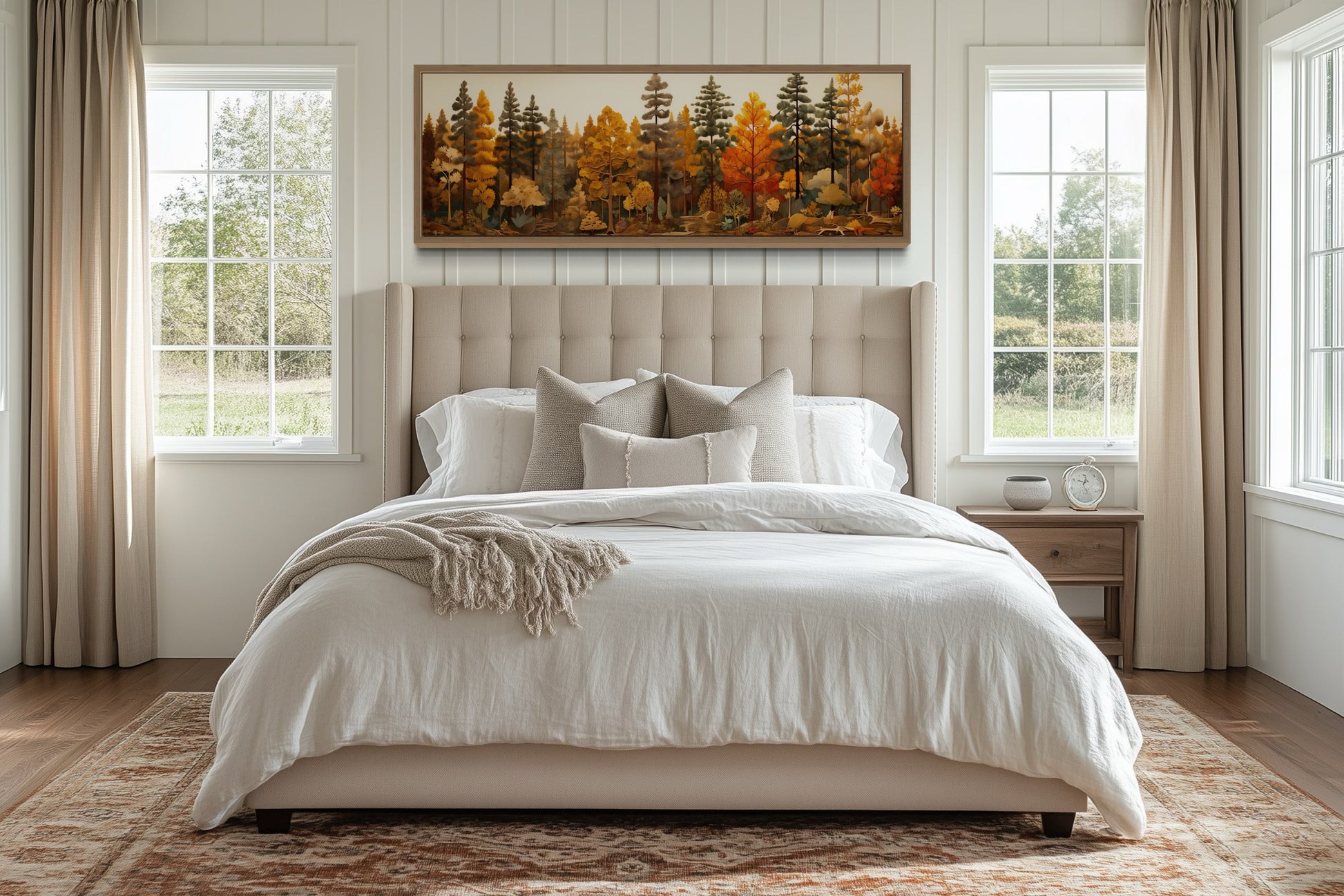 Autumn Forest Painting On Wood Long Horizontal Wall Art For Cabin Above Bed Decor