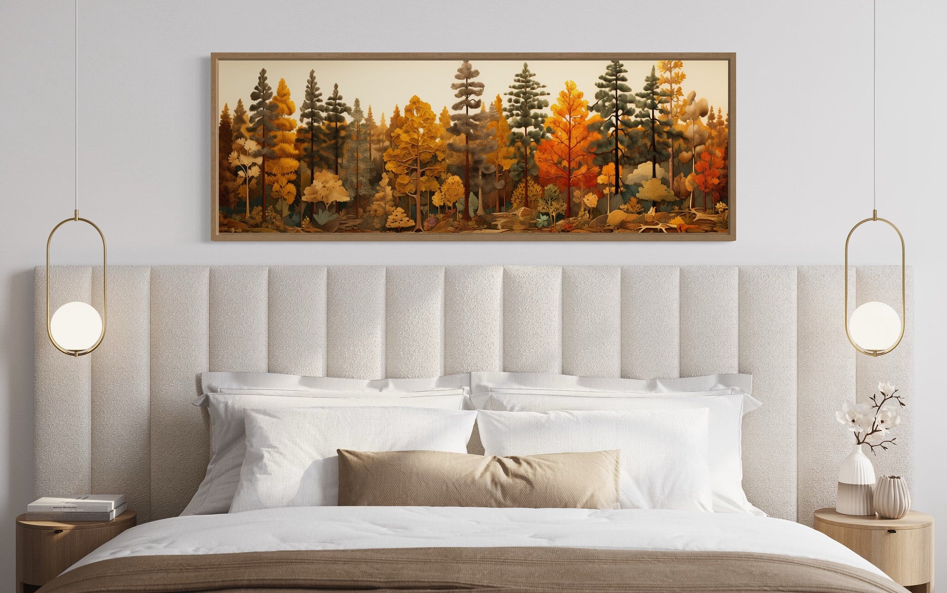 Autumn Forest Painting On Wood Long Horizontal Wall Art For Cabin Above Bed Decor