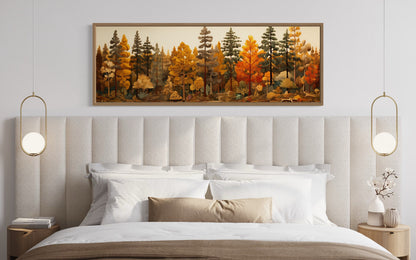 Autumn Forest Painting On Wood Long Horizontal Wall Art For Cabin Above Bed Decor