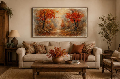 Autumn Forest Wall Art - Misty Woodland Canvas for Cozy Living Room Decor