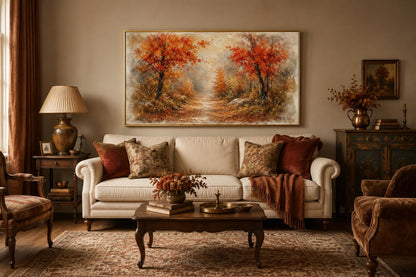 Autumn Forest Wall Art - Misty Woodland Canvas for Cozy Living Room Decor