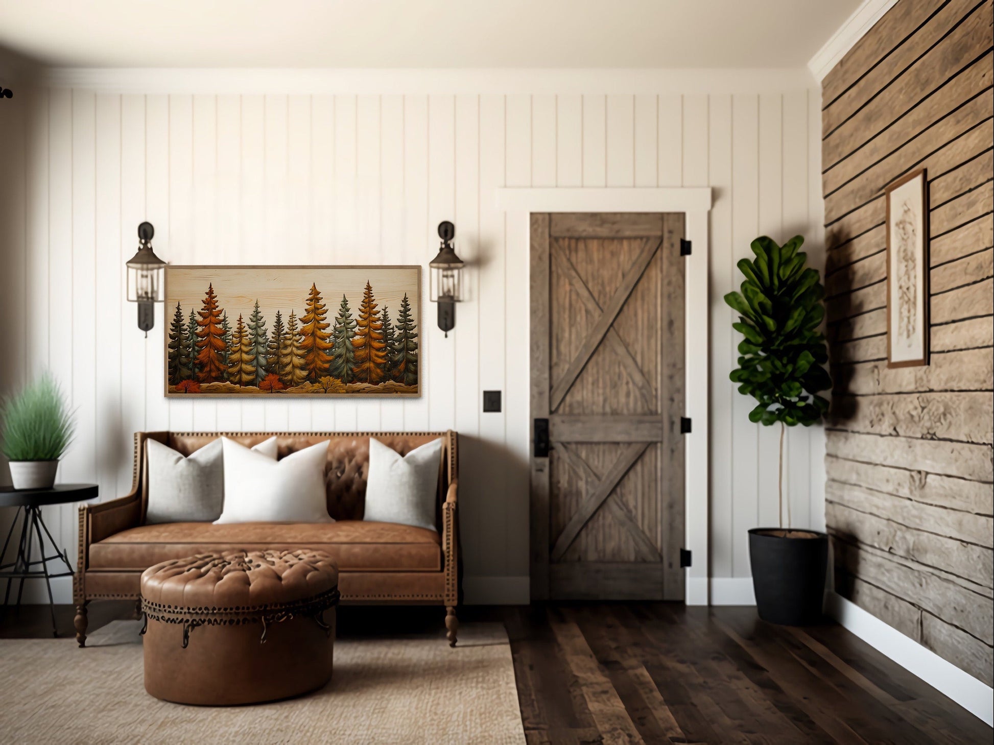 Autumn Forest Wall Art – Rustic Fir Tree Painting on Wood Effect Canvas