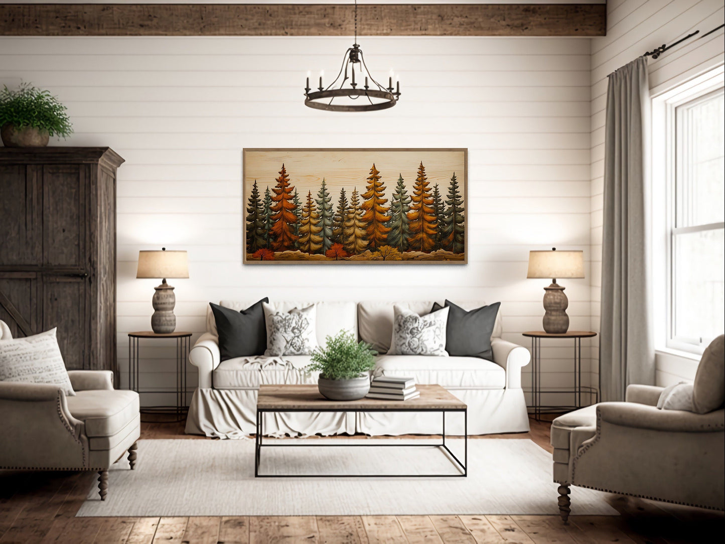 Autumn Forest Wall Art – Rustic Fir Tree Painting on Wood Effect Canvas