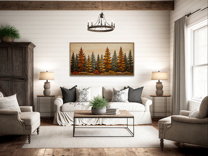 Autumn Forest Wall Art – Rustic Fir Tree Painting on Wood Effect Canvas