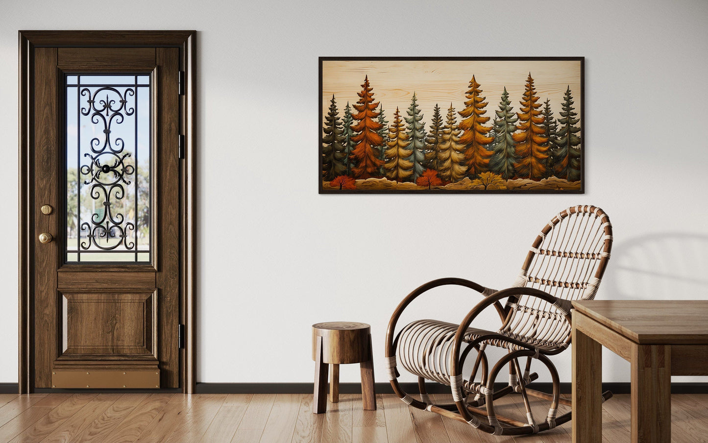 Autumn Forest Wall Art – Rustic Fir Tree Painting on Wood Effect Canvas