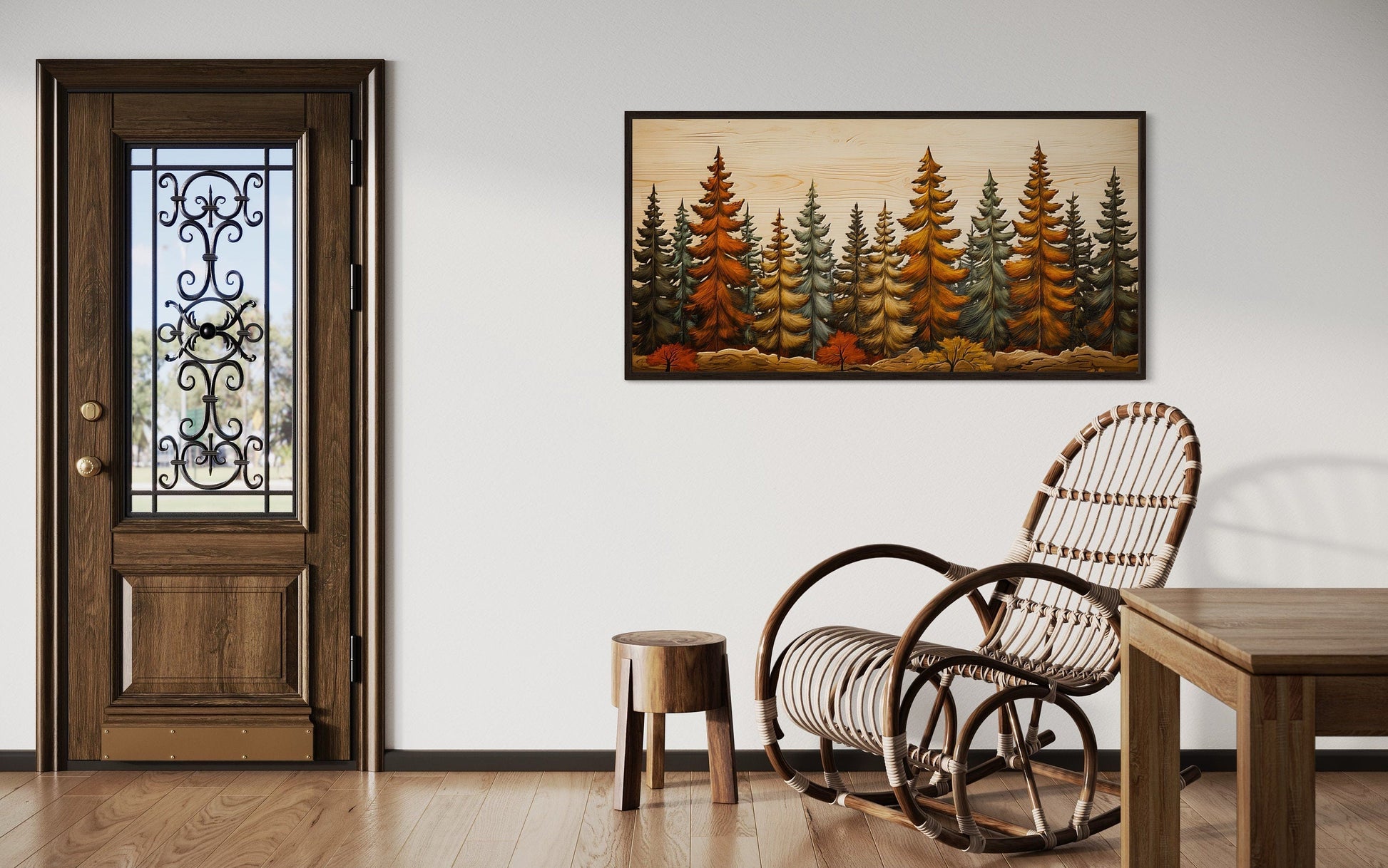 Autumn Forest Wall Art – Rustic Fir Tree Painting on Wood Effect Canvas