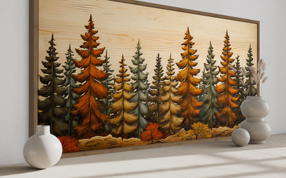 Autumn Forest Wall Art – Rustic Fir Tree Painting on Wood Effect Canvas