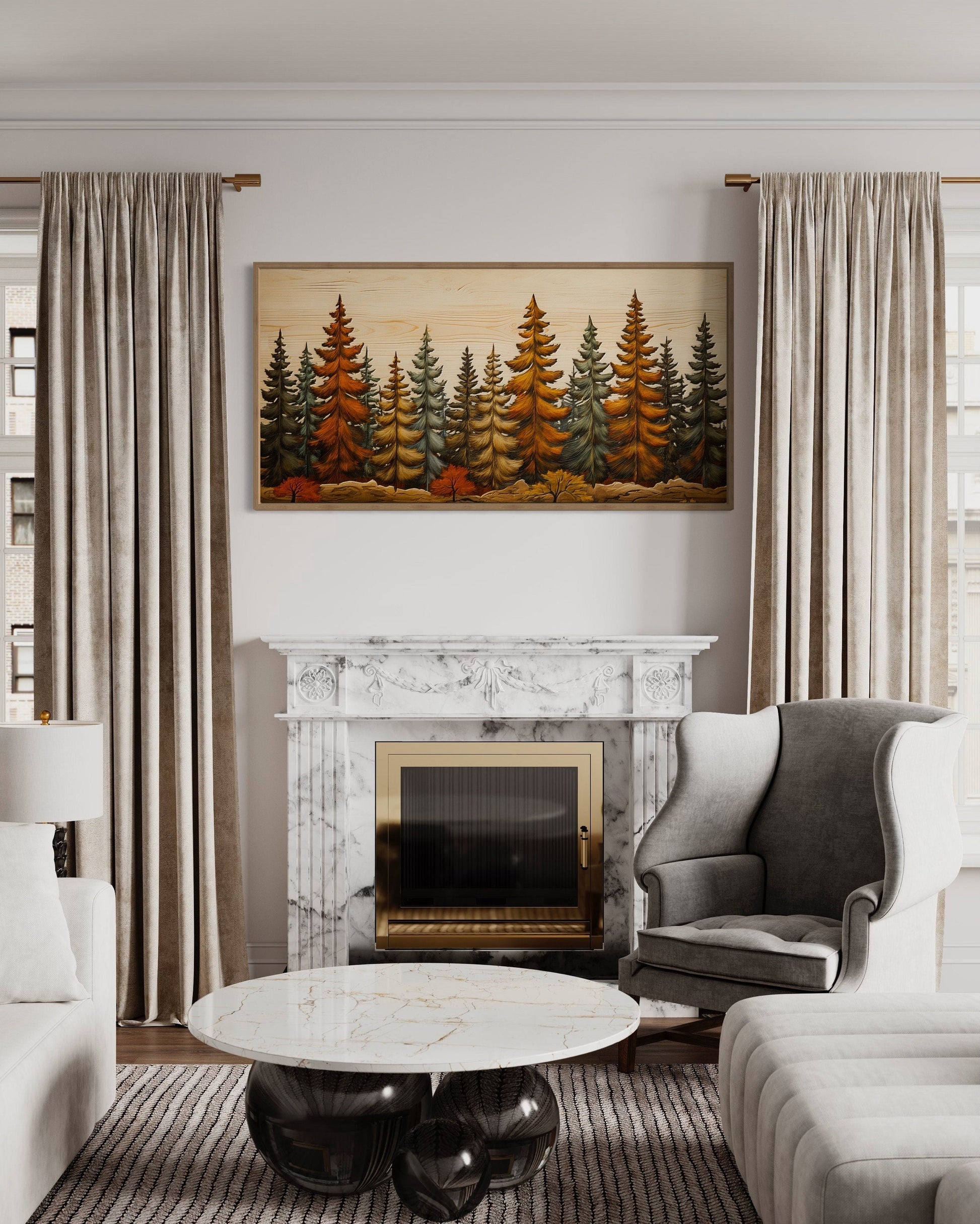 Autumn Forest Wall Art – Rustic Fir Tree Painting on Wood Effect Canvas